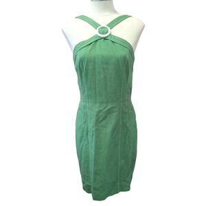 David Meister Green Cotton Halter Ring Sheath Dress Contrast Stitching Size 8